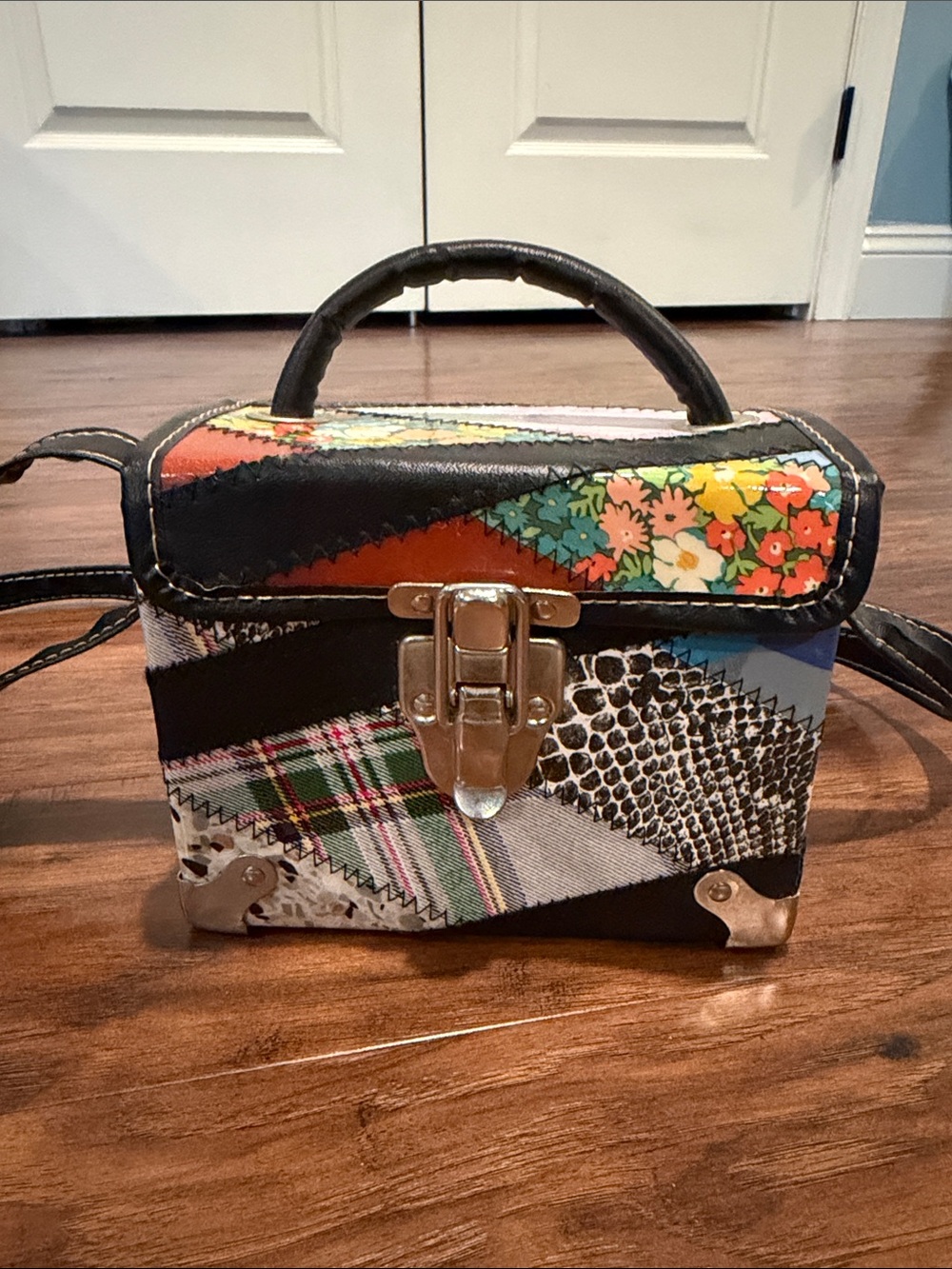 Patchwork Mini Satchel Handbag - Black Trim